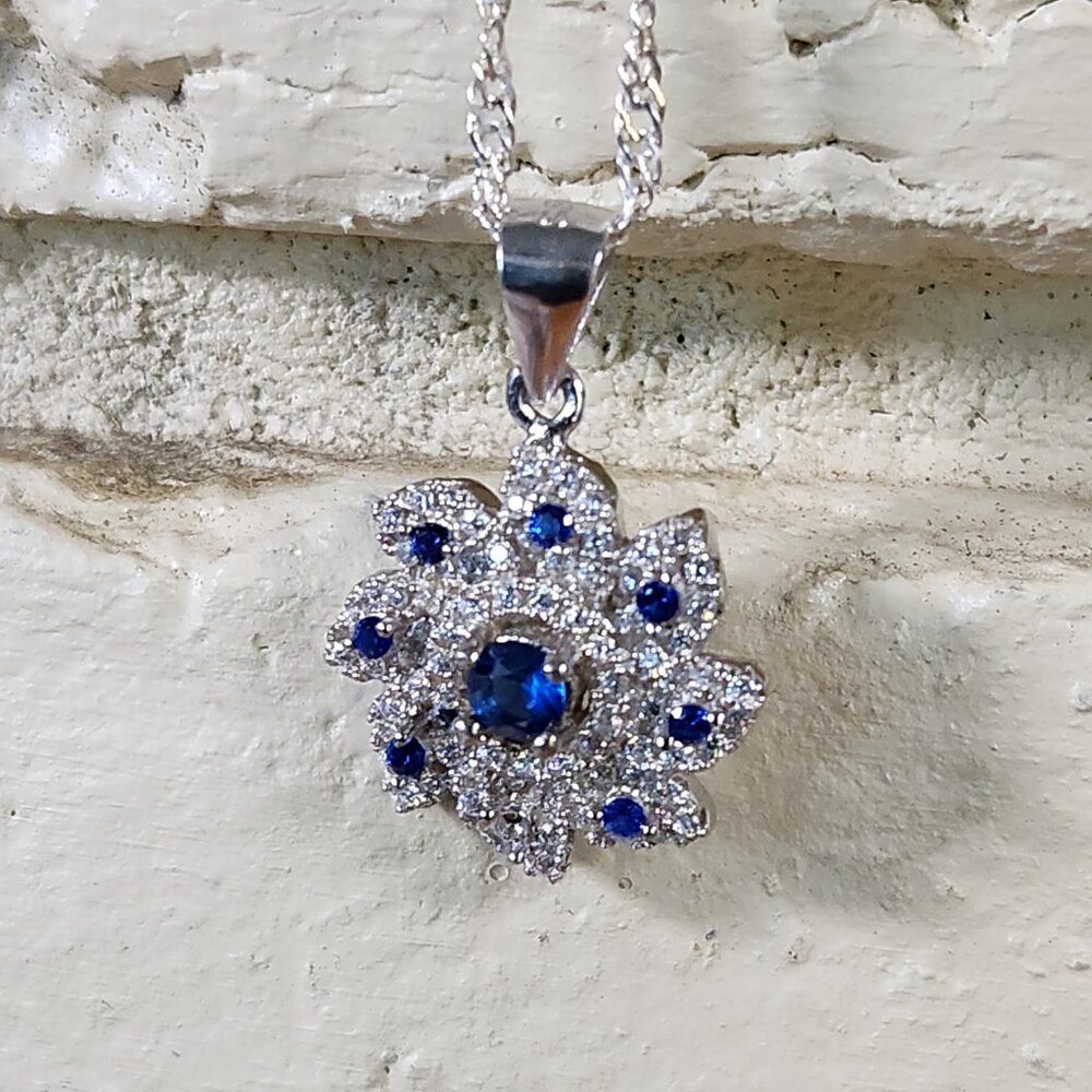 New Womens Blue & White Sapphire Necklace 14ktwg & 925 Silver